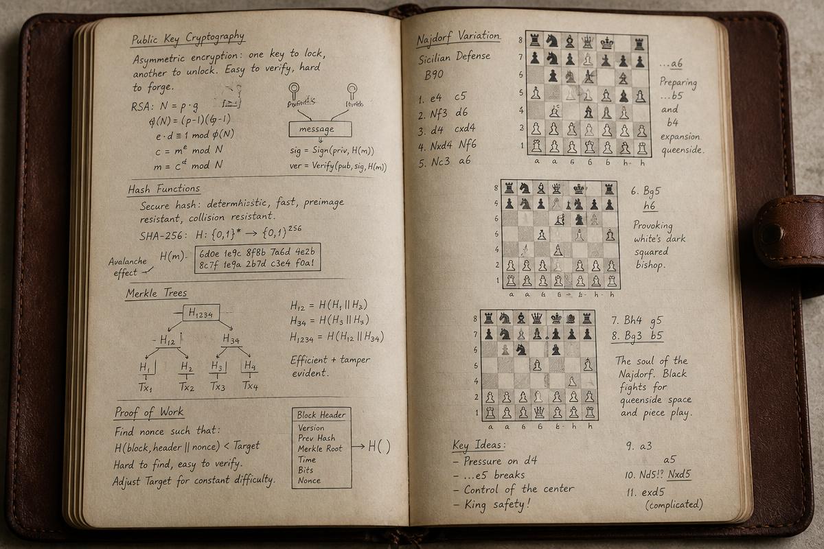Handwritten crypto-technical notes and chess diagrams in a leather-bound analysis journal